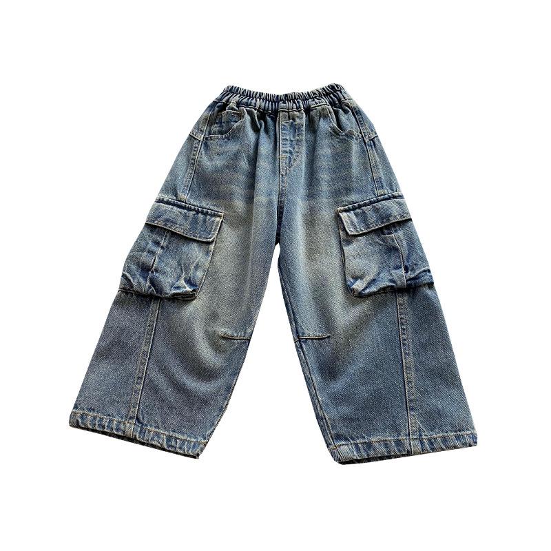 2025 Spring & Autumn Boys' Cargo Jeans: Trendy, Loose-Fit, Casual Long Pants for Kids