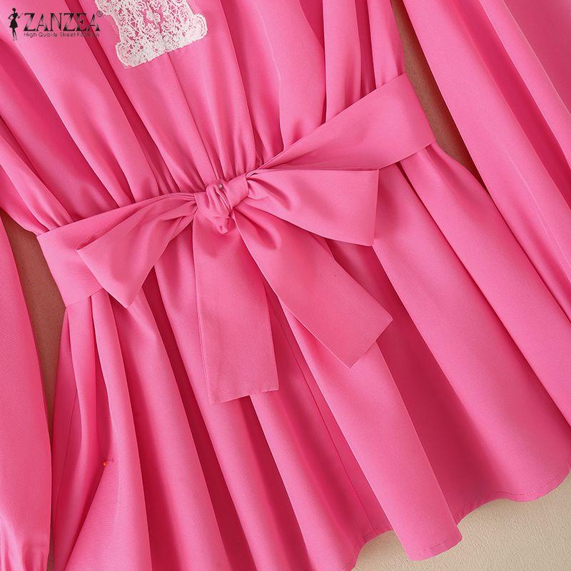 ZANZEA Women Lace Splice Stand Collar Casual Long Sleeve Blouse