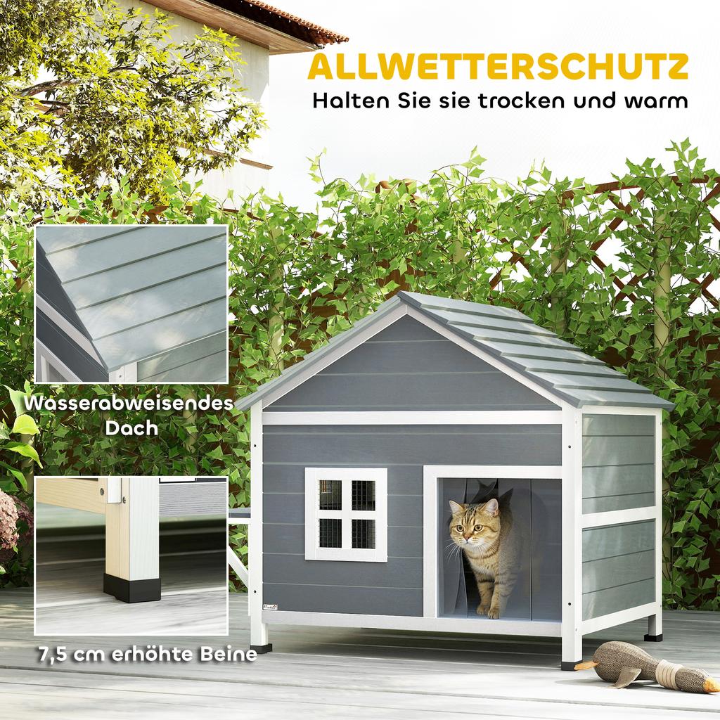 Wooden Cat House, 2-Story Cat Den with Waterproof Flip-Up Roof, Side Platform, 101x72.5x81cm, Grey