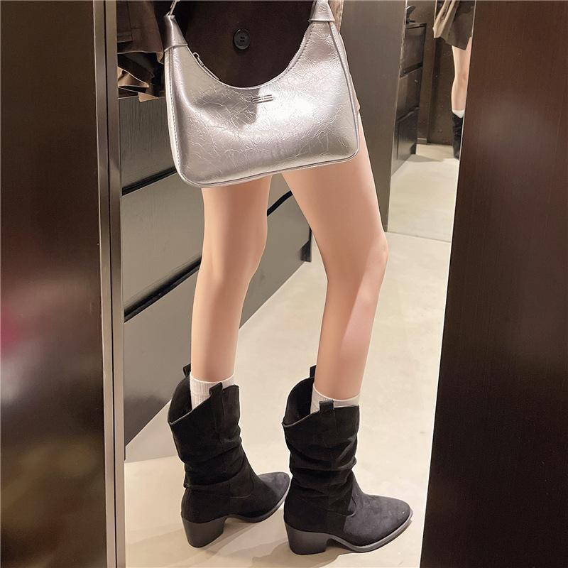 Vintage pointed suede pleated piled boots women's 2025 new thick heel thin medium tube boots Merard knight boots autumn