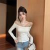Women's Black Rhinestone One-Shoulder Long-Sleeve Slim Fit T-Shirt
