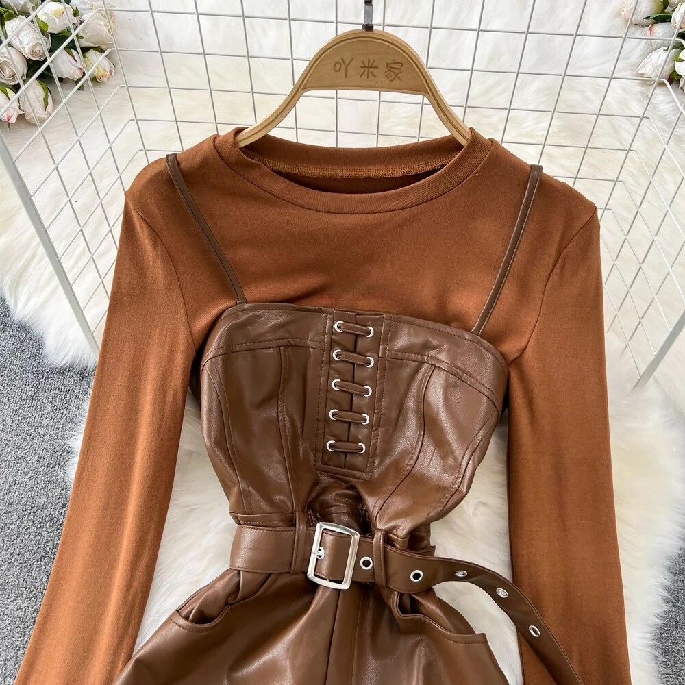 New Spring Women Long Sleeve Blouse Tops and Spaghetti Strap Faux Leather Slim Bodycon Pencil Dress Two Piece Set