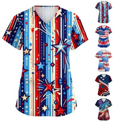 Camisa de Trabajo Casual de Moda para Mujer con Estampado de Bandera Americana y Estrellas del Día de la Independencia, Cuello en V, Manga Corta, Aberturas Laterales Dobles y Bolsillos
