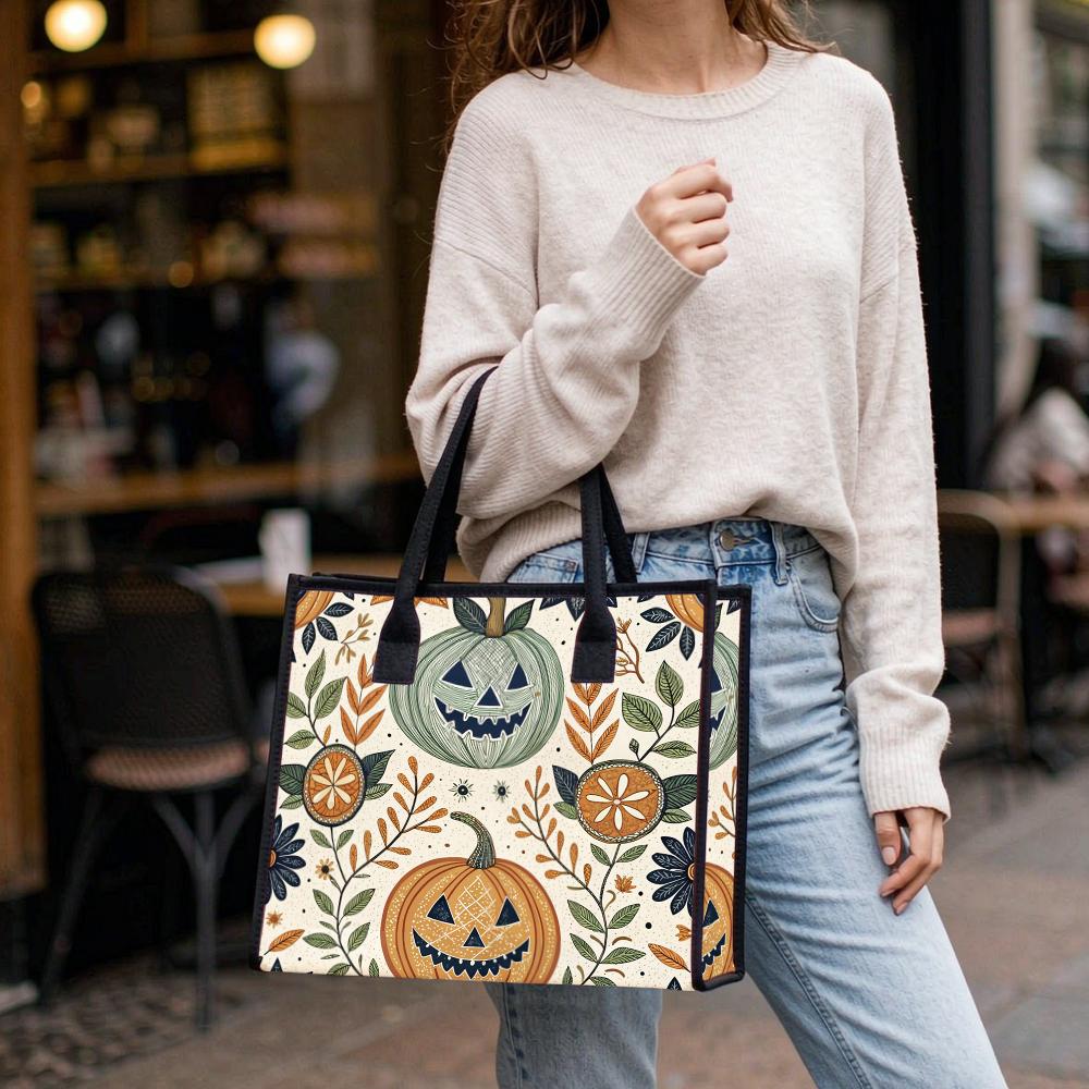 Boho Halloween Pumpkin Tote Bag Folk Floral Print Large Casual Shoulder Handbag for Fall Daily Use