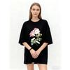 Oversized T Shirt Black Floral Print With White And Pink Roses And Green Leaves Casual Wear For Women Summer Outfit Fashion Streetwear Style
