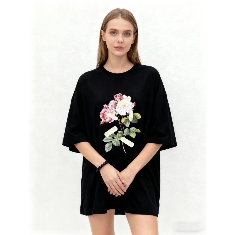 Oversized T Shirt Black Floral Print With White And Pink Roses And Green Leaves Casual Wear For Women Summer Outfit Fashion Streetwear Style