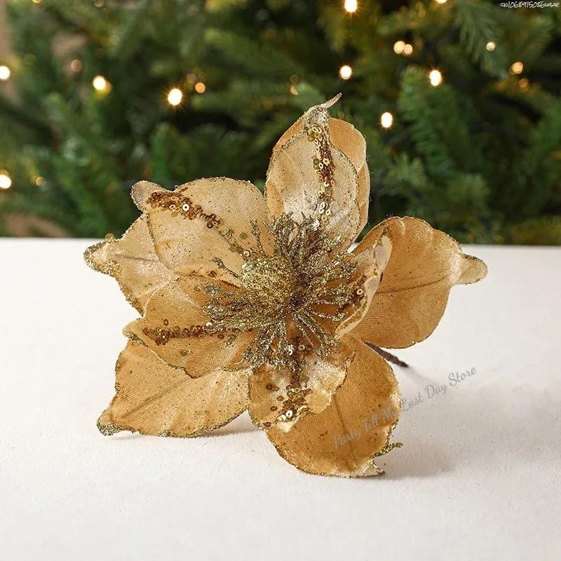 Large Glittery Christmas Flowers Simulation Sequin Floral Xmas Tree Decor Cloth Flowers Christmas Party Home Decorative Ornament