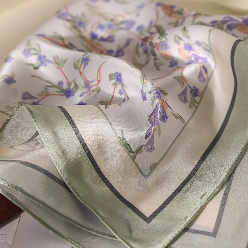 100% Pure Mulberry Silk Square Scarf Women Light Green Floral Print Lightweight Accessory 53x53cm