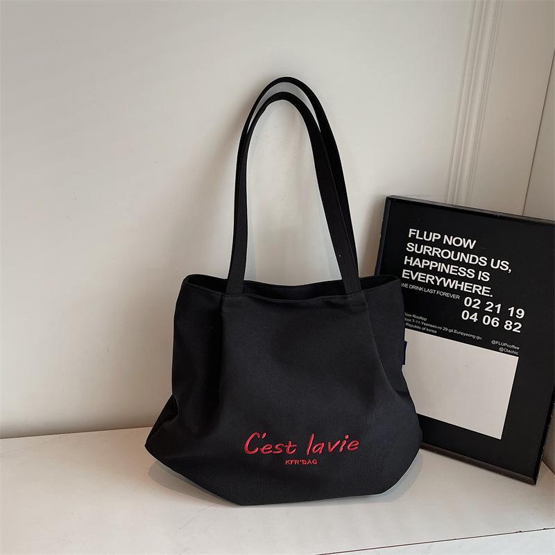 Korean Style Large Embroidered Canvas Shoulder Bag for Women - 2025