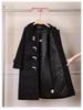 Women's Black Fleece-Lined Wool Coat with Horn Buttons - Korean Style, Petite, Mid-Length