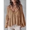 2026 Spring and Autumn Casual Sweet Ruffled Puff Sleeve Pleated Shirt Women's V-Neck Top