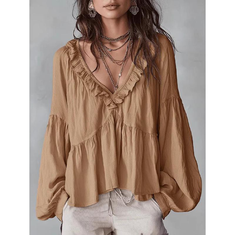 2026 Spring and Autumn Casual Sweet Ruffled Puff Sleeve Pleated Shirt Women's V-Neck Top