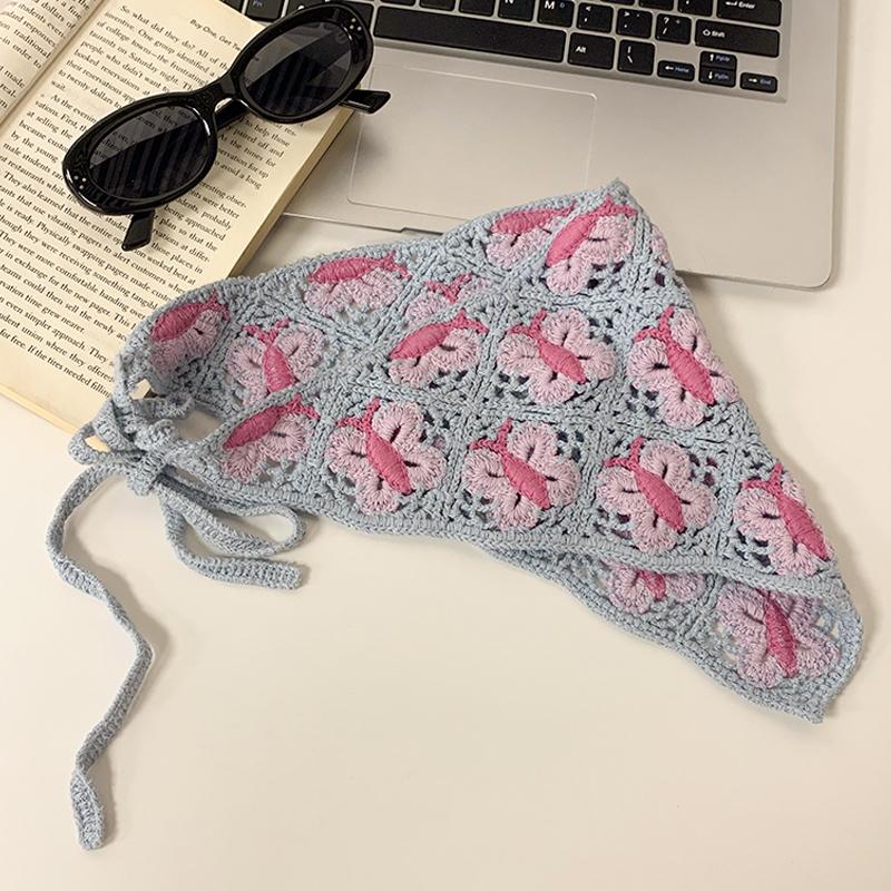 Spring and Autumn Sweet and Cute Wind Handmade Knitted Headband Female Personality Crochet Literary Style Triangle Scarf Headscarf