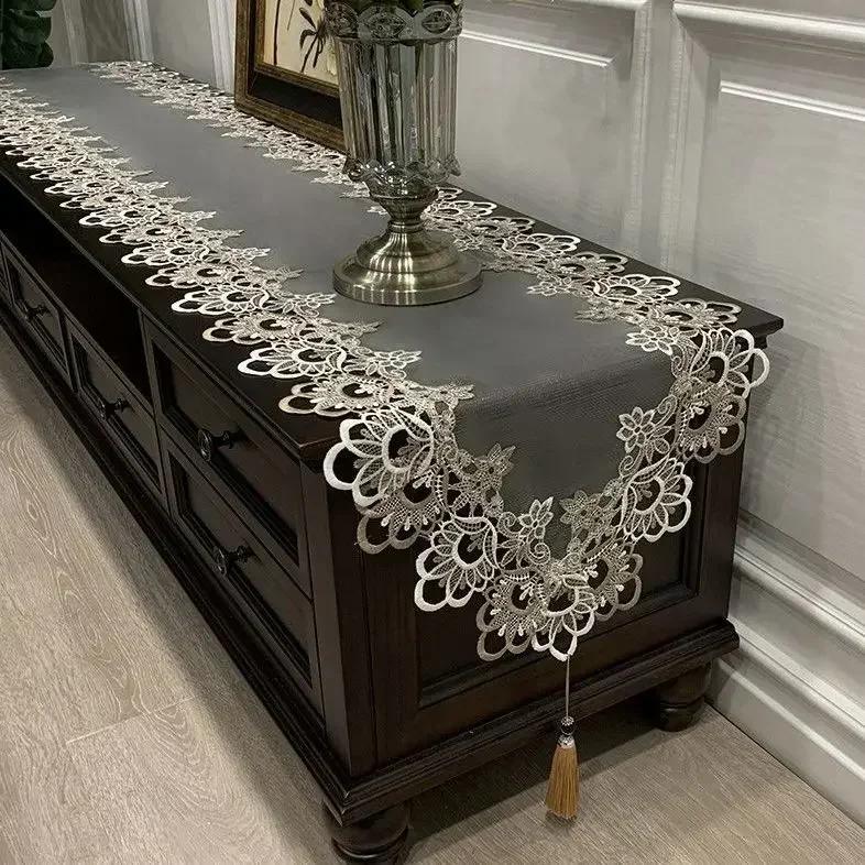 Tv Cabinet Lace Tablecloth  Embroidered Tassel Dining Table Flag Shoe Cabinet Long Striptransparent Yarn Dust Cover Cloth