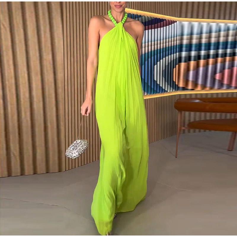 Party Dresses for Women Loose Halter Neck Lace-up Backless Sexy Satin Evening Dress Summer New Fashion Elegant Vacation Dress
