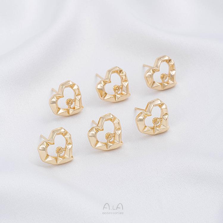 14K Gold-Filled Diamond-Cut Heart Frame Pearl Stud Earrings with 925 Silver Pin