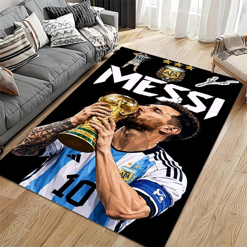 Sports Area Rug, Lionel Messi Argentina Number 10 Kiss World Cup Trophy Black Background AFA Crest Print, Fan Decor, Non-Slip Mat