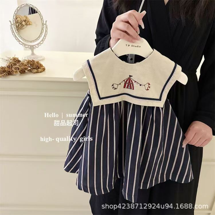 Summer Girls Retro Navy Collar Striped Sleeveless Vest Dress Stylish Baby Princess Dress 110
