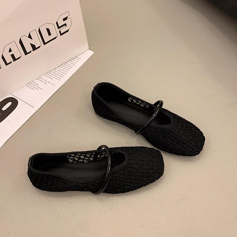 

Fashion Silver Slip-On Single Womens Summer 2025 New Woven Breathable Mesh Shallow Mouth French Flat Mary Jane Sandals 35 чёрный