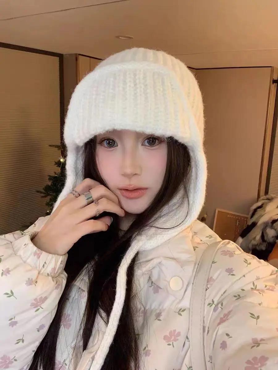 

Зимняя теплая вязаная шапка женская с ушками, шапка-бини, супермягкая, утолщенная, ветрозащитная, модная шапка для холодной погоды на осень, толстая 55-62cm