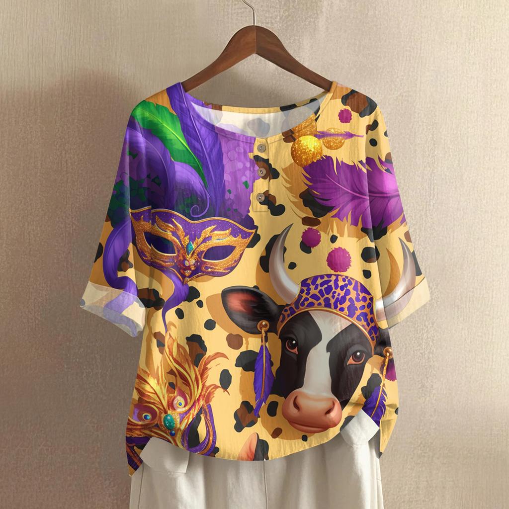 Damska casualowa i wygodna bawełniano-lniana bluzka z okrągłym dekoltem, średniej długości, z modnym nadrukiem