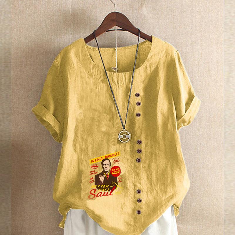 Women's Fashion Handsome Pattern Prined Short Sleeve T-shirt Loose Cotton Shirt Casual Loose Summer Blouse Tops