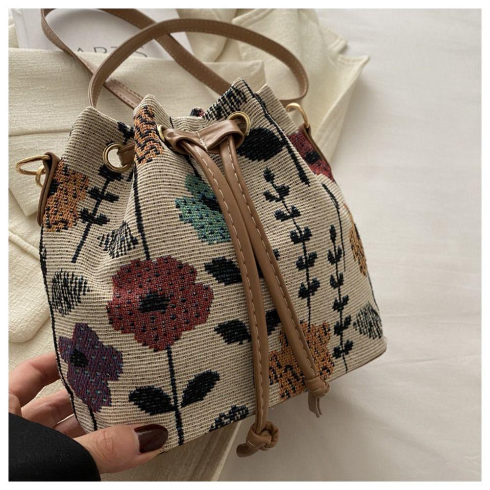 Modische Leinenstoff Eimer Tasche Blumenmuster Verstellbarer Kordelzug Schultertasche Ethnischer Stil Umhängetasche Damenmode