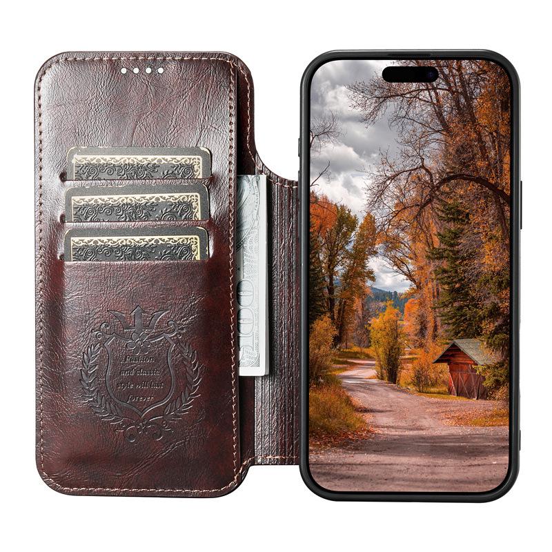 Magnetische Klapp-Brieftaschenhülle für iPhone 12/13 - Ölwachs-Leder, Magnetisches Laden, Kompatibel mit Apple 16/17 Pro Max