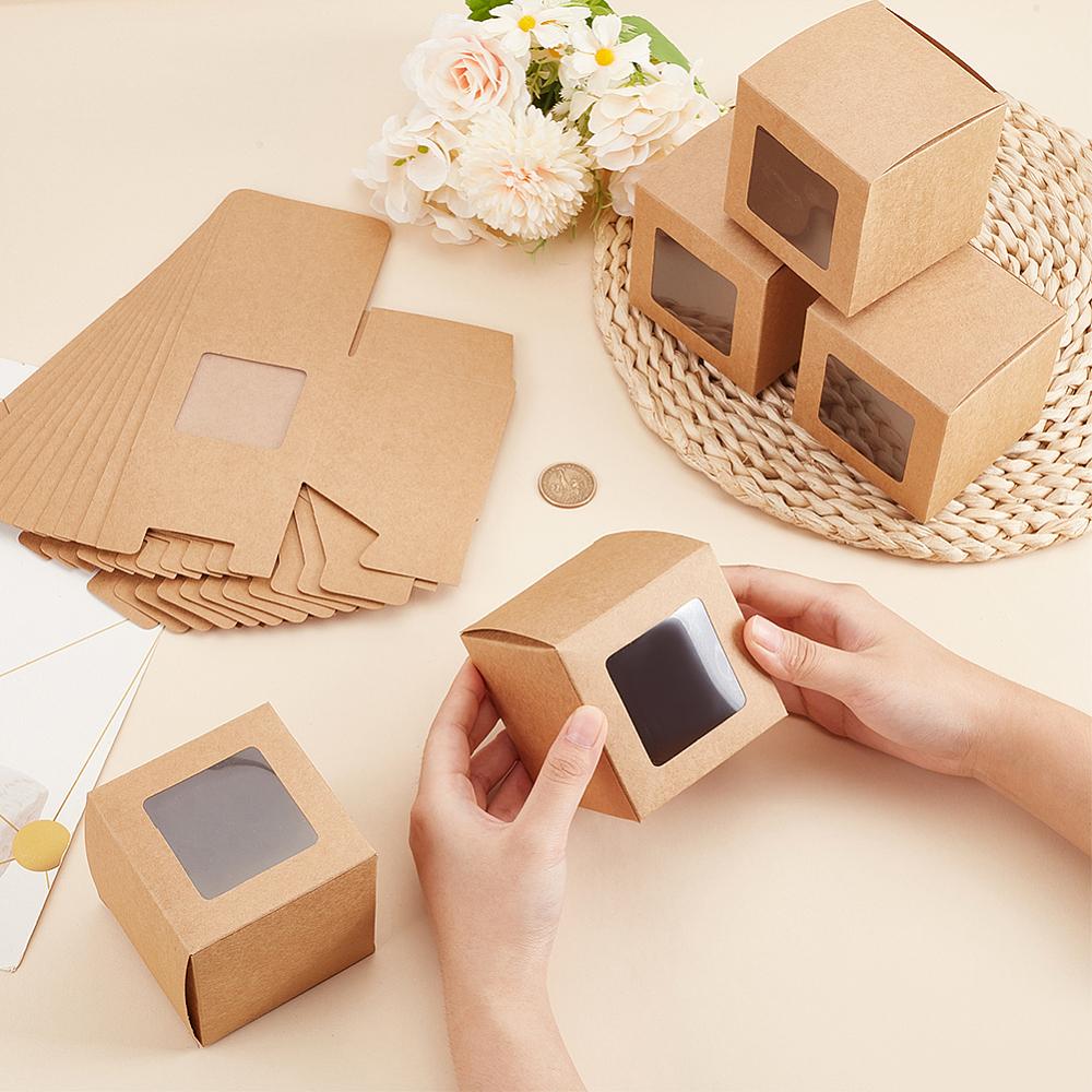 20pcs Kraft Paper Candy Boxes with PVC Clear Window for Party Wedding Baby Shower Square BurlyWood 8.05x8.05x8.05cm