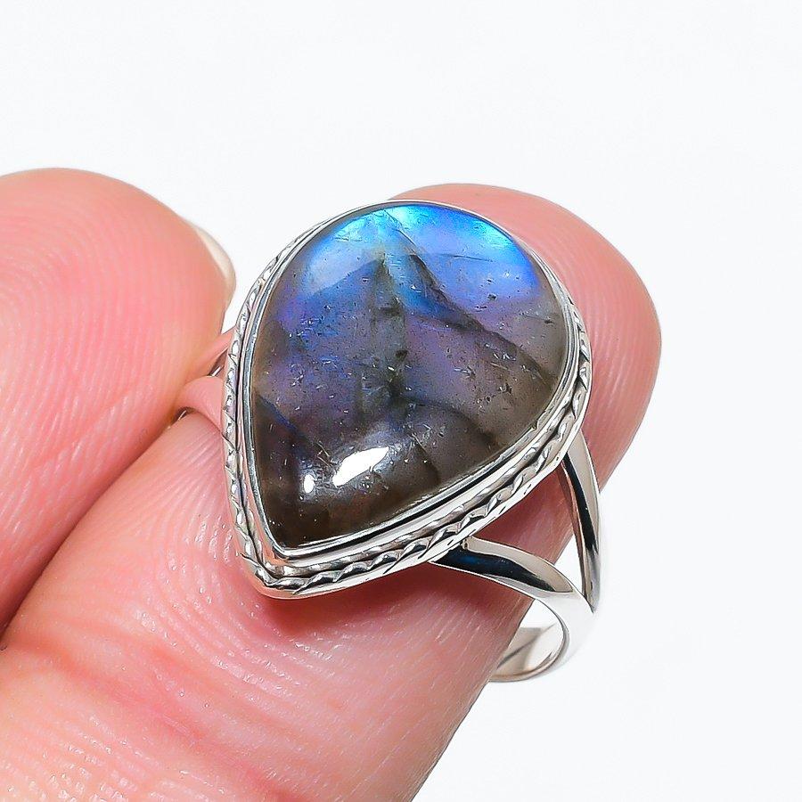 Natural Labradorite Gemstone 925 Solid Sterling Silver Jewelry Ring Size 9 A5Q26