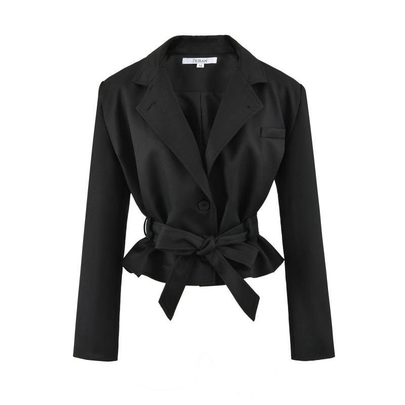 Womens Tailored Short Blazer Slim Fit Tie Waist Office Work Jacket