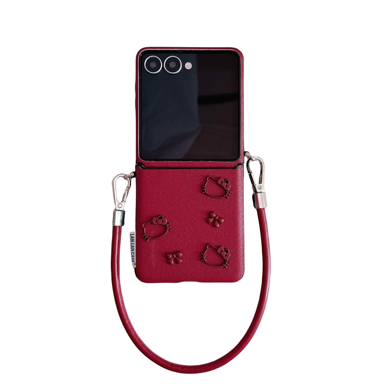 

Luxury Wine Red Three KT Butterfly Phone Case With Knot Leather Rope for Samsung Galaxy Z Flip7 Z Flip6 Flip5 Trendy Back Cover Galaxy Z Flip7 красный