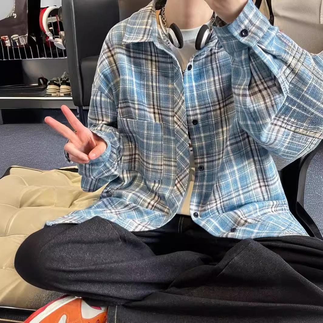 

Японские весенние мужские винтажные летние топы, блузки, клетчатые полосатые футболки, кардиган, рубашки с длинными рукавами, пальто, уличная мужская одежда, 2024, толстовки 3XL синий