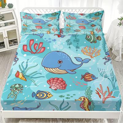 3pcs Fitted Sheet Set Whale Fish Coral Seaweed Jellyfish Bed Sheet With Pillowcases For Bedroom Decor