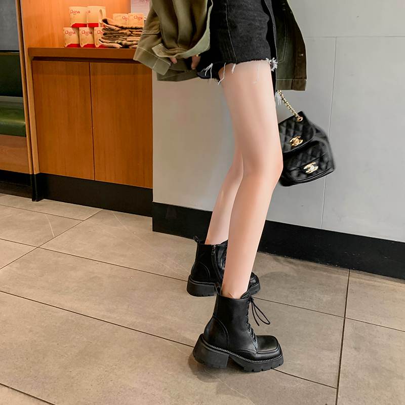 Krazing Pot Cow Leather Winter Shoes Thick Med Heels Handsome Lace Up British School Platform Women Ankle Boots