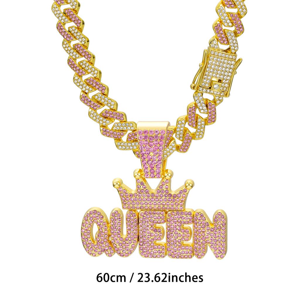 Couronne Rose Diamant pour Femme, Pendentif Lettre QUEEN, Collier Cubain Diamant Long Hip Hop Accessoire Féminin