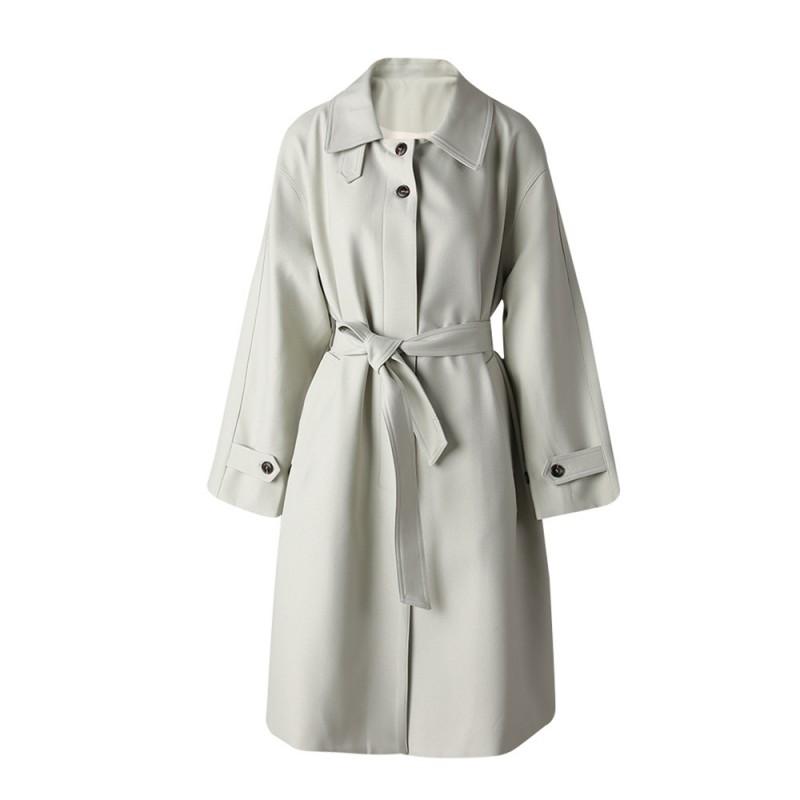 Womens British Style Oversized Trench Coat With Belted Waist Notched Collar Long Sleeve Loose Fit