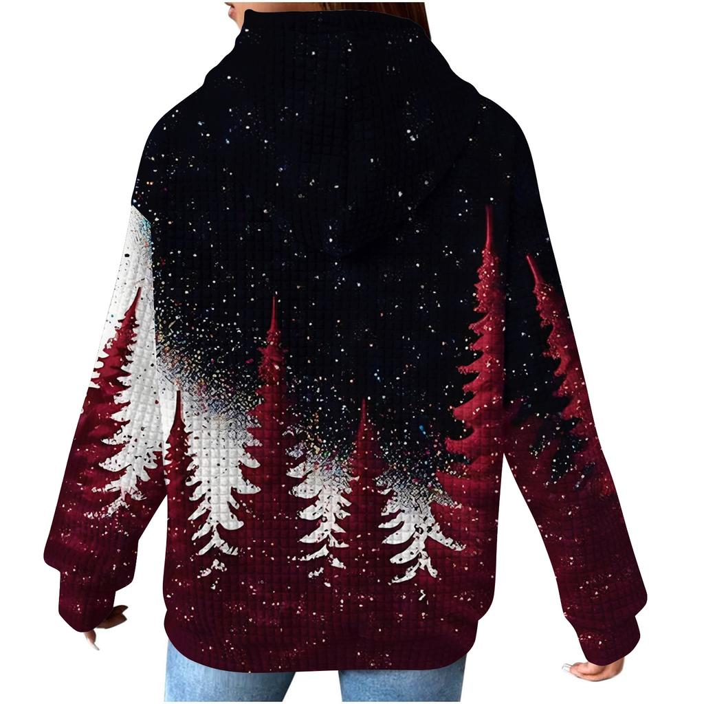 Women's Fashion Loose Hooded Pullover Long Sleeve Plaid Sweatshirt With Drawstring, Drop Shoulder, Pocket, Christmas Print Top