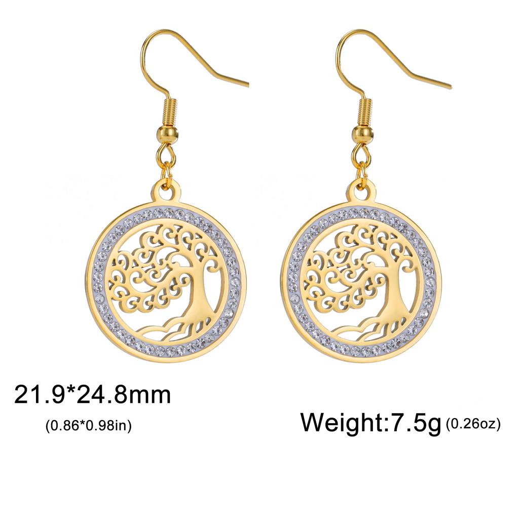 Tree of Life Women's Earrings Stainless Steel Gold Clear Zircon Round Pendant Dangle Earring Amulet Jewelry Gift