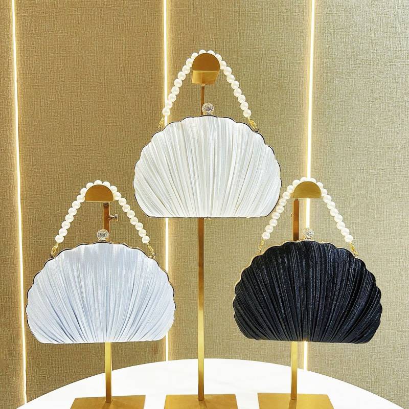 Shell Evening Clutch Bag For Women With Pearl Embellishments And Silk Material For Formal Events