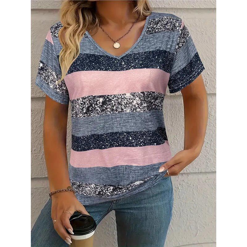 Summer V-neck 3D Square Stripe Printed Top Fashionable Casual Short Sleeved Women's T-shirts