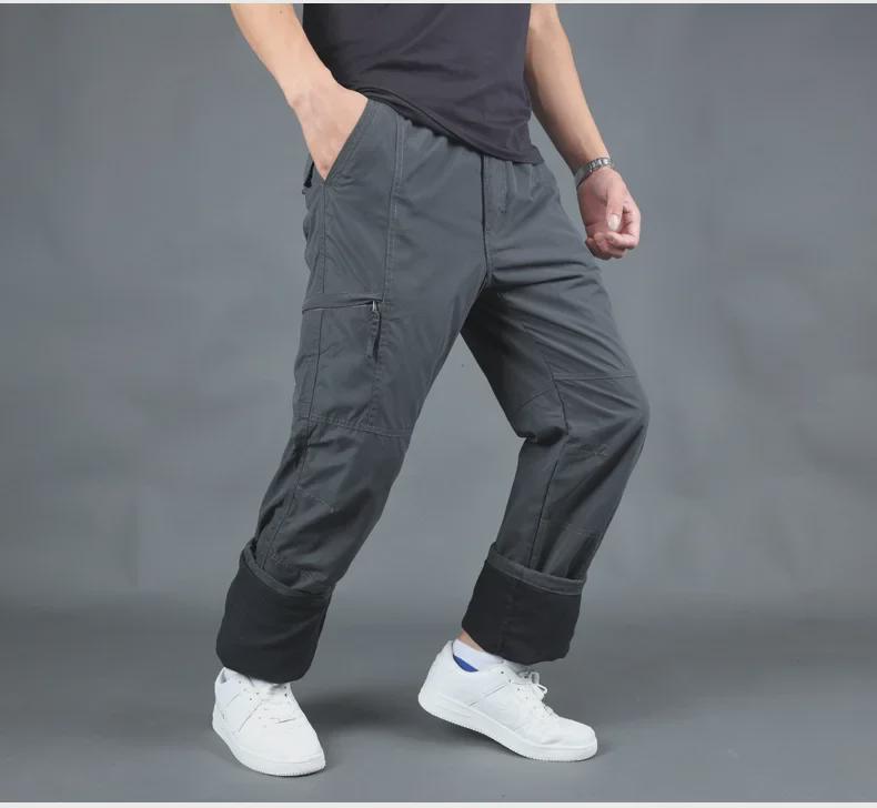 Pánské outdoorové zimní ležérní cargo kalhoty s více kapsami a fleecovou podšívkou