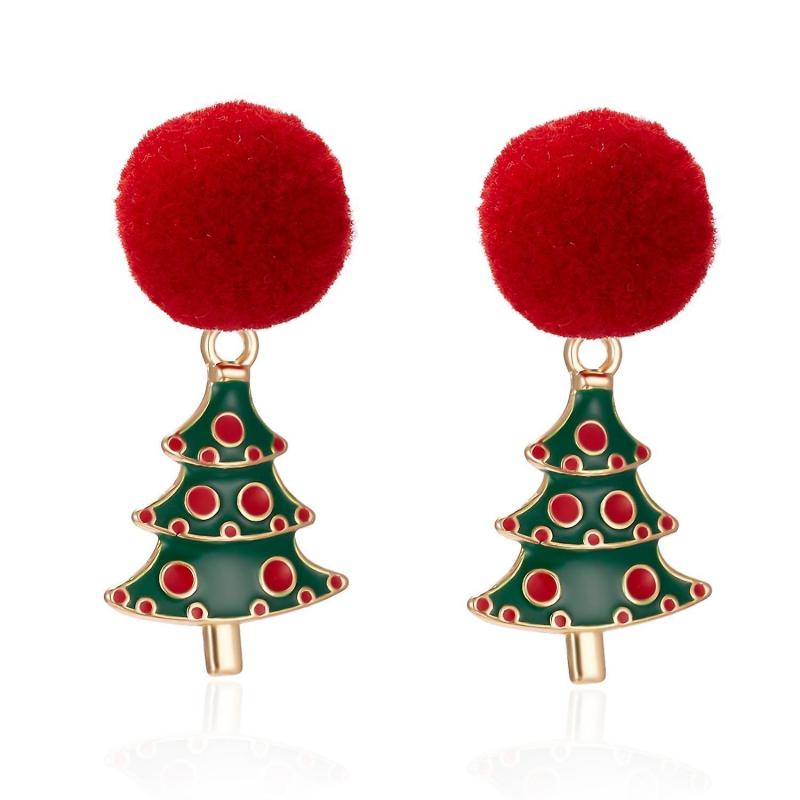 Christmas tree earrings with red beads and gold-plated pom-poms
