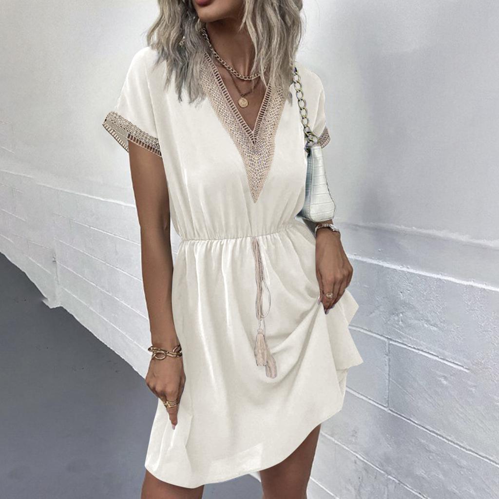 Women's V-neck Lace Trimmed Waist Cinching Short Sleeved Dress