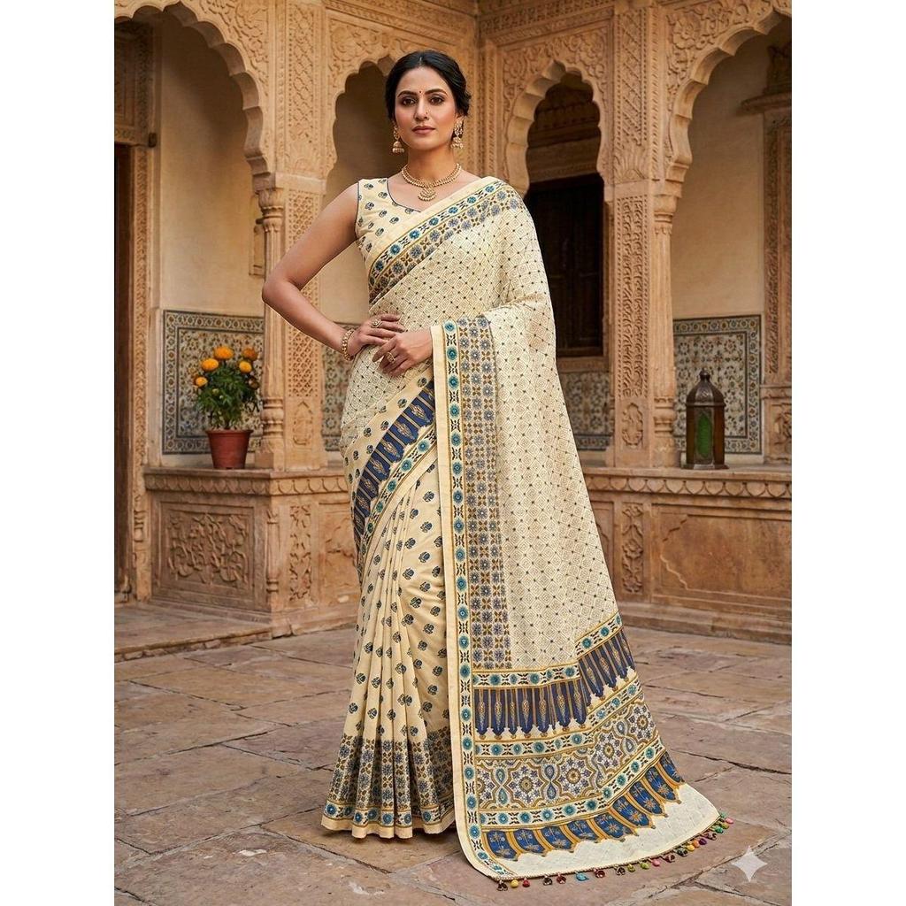 New Launch – Designer Chinnon Ajrak Saree with Real Mirror Work & Premium Kodi Lace Border