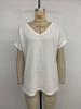 2025 Summer New Women's White V-Neck Short Sleeve Hollow Casual T-Shirt