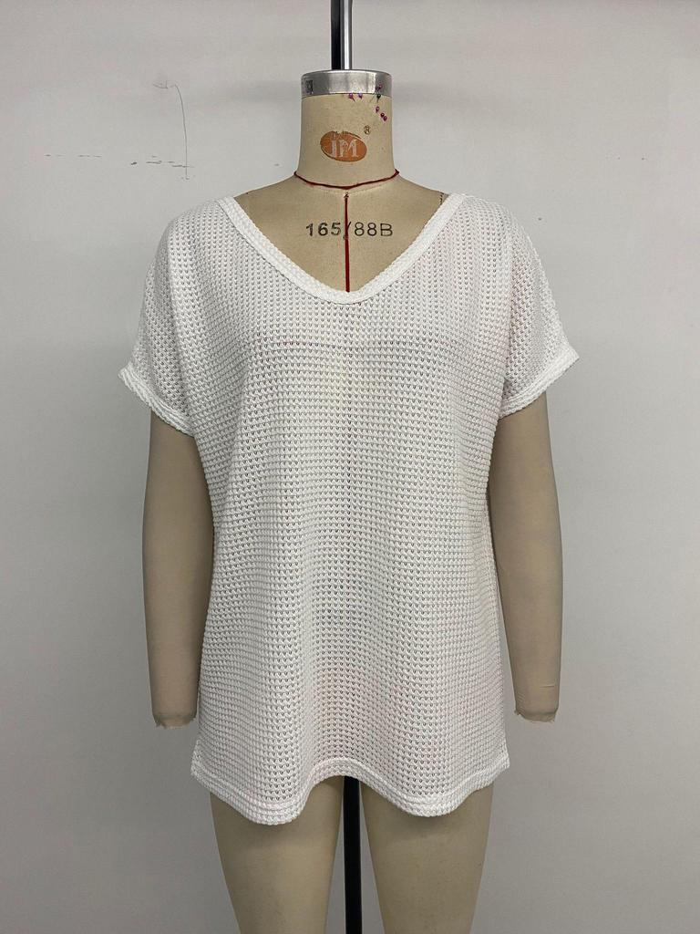 2025 Summer New Women's White V-Neck Short Sleeve Hollow Casual T-Shirt