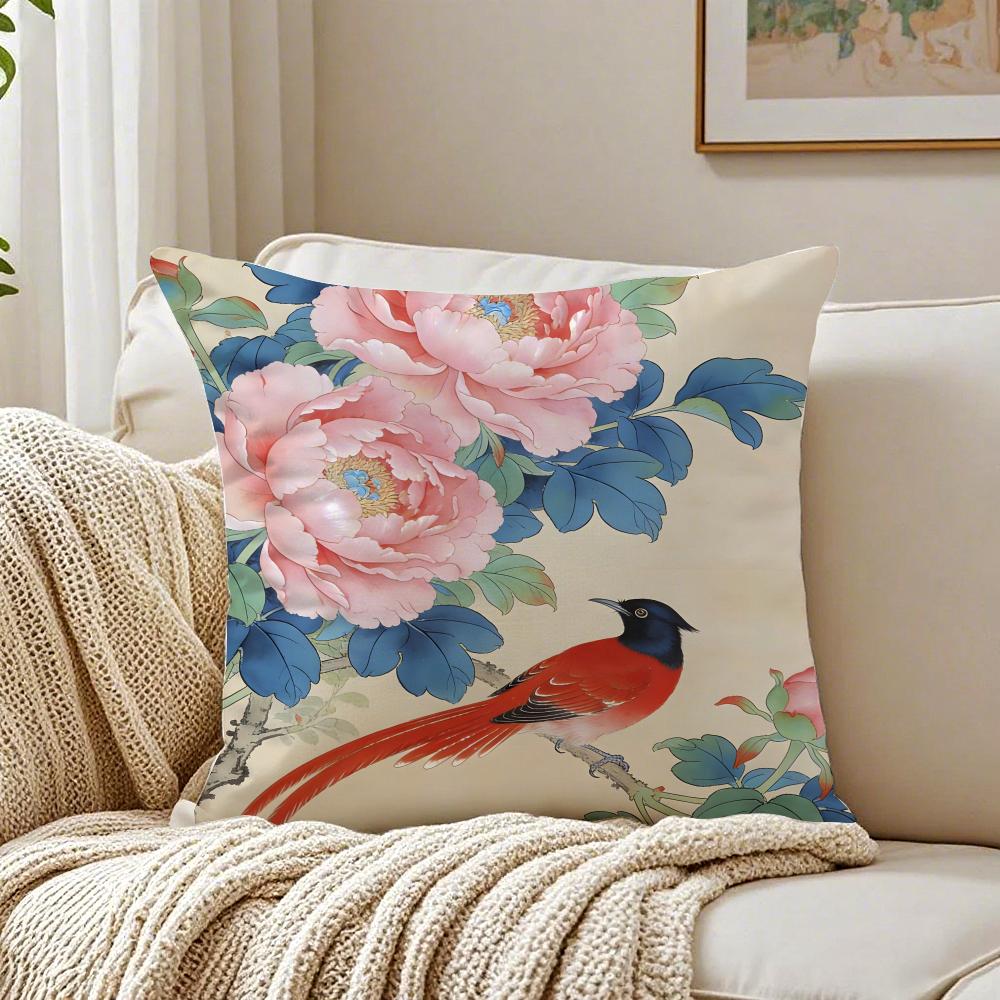 C-Chinese Style Simple Bird Flowers Cushion Cover Pillowcase Anti-Dustmite Living Room Sofa Decor Cushion Room