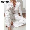 GMXIA Homewear Love Print Long-sleeved Lapel Pyjamas Women Can Be Worn Outside Trousers Two-piece Set
