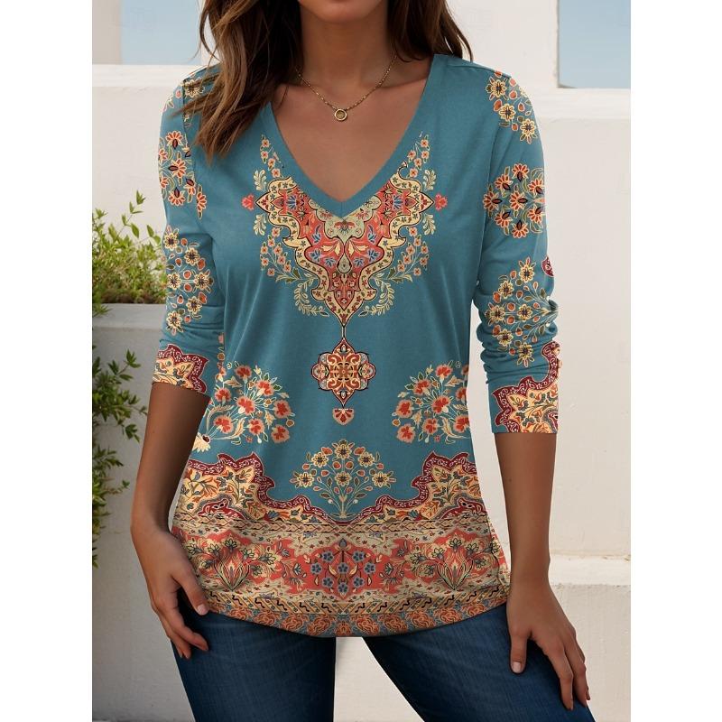 

Женская элегантная футболка с V-образным вырезом, этническим ретро-принтом и длинными рукавами, из мягкого полиэстера, идеально подходит для повседневной носки осенью и зимой. Топы 4XL
